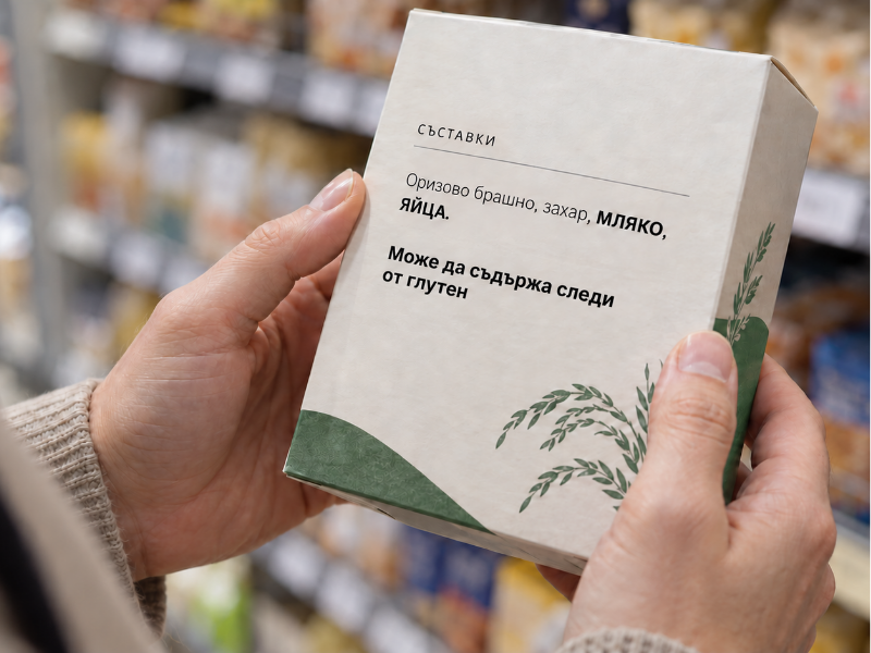Потребител проверява етикет на хранителен продукт с обозначени алергени и предупреждение „Може да съдържа следи от глутен“.